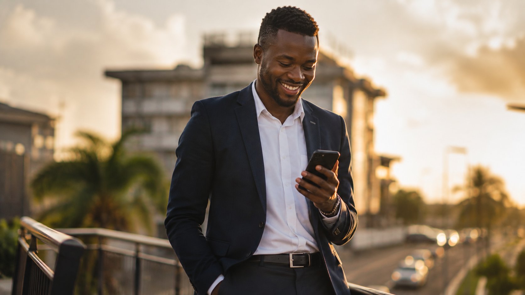 Entrepreneur consultant son téléphone avec confiance
